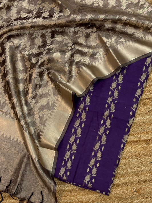 Banarasi Chanderi Zari Work Unstitched Suit With Tissue Zari Jaal Dupatta