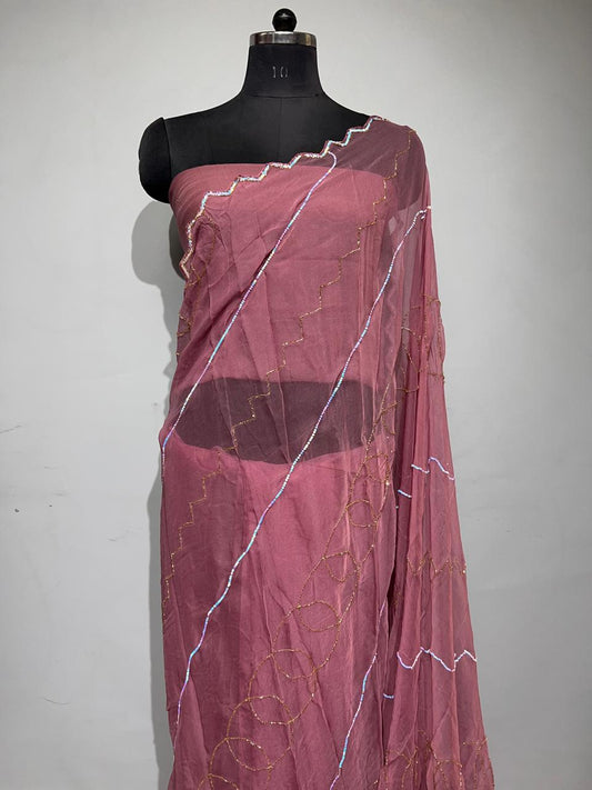 Beautiful Pure Diamond chiffon Hand Sikvans & kardana Work Full jaal Saree