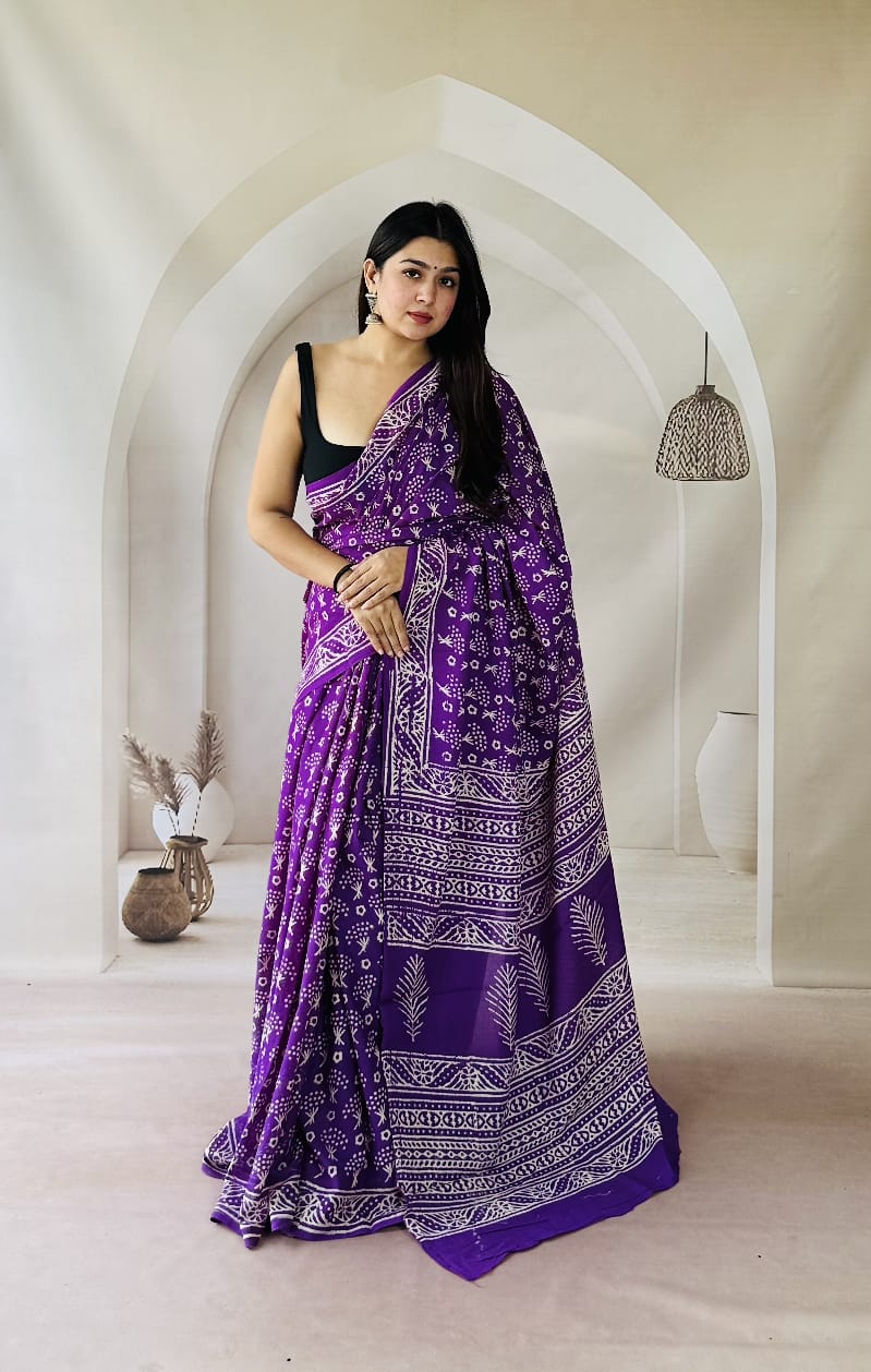 Pure Mulmul Cotton Hand Block Printed Saree With Running Blouse.