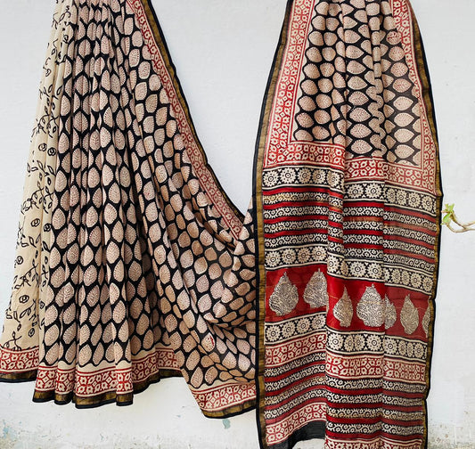 Pure Chanderi Silk Hand-block Printed Saree.