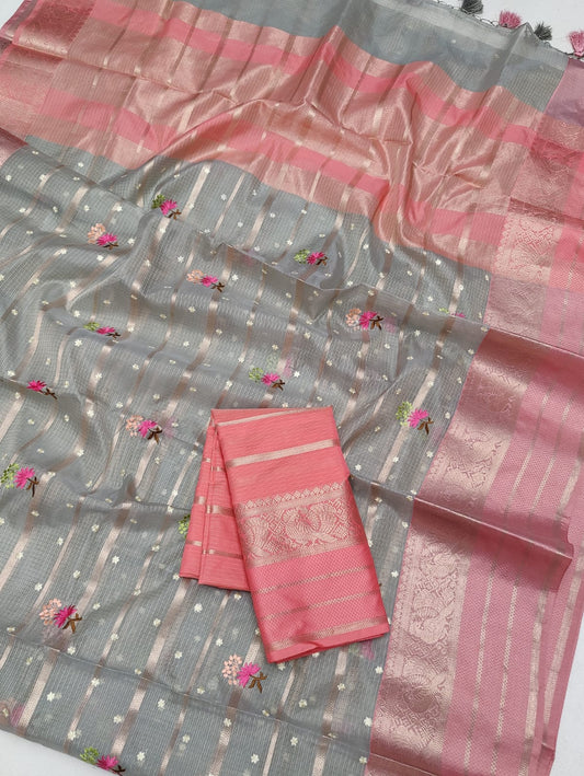 Beautiful Soft Silk Kota Doria Zari & Embroidery  Work Saree