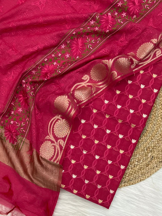 Chanderi alphi Meena jaal Unstitched Suit With Chanderi fancy multi Embroidery Dupatta