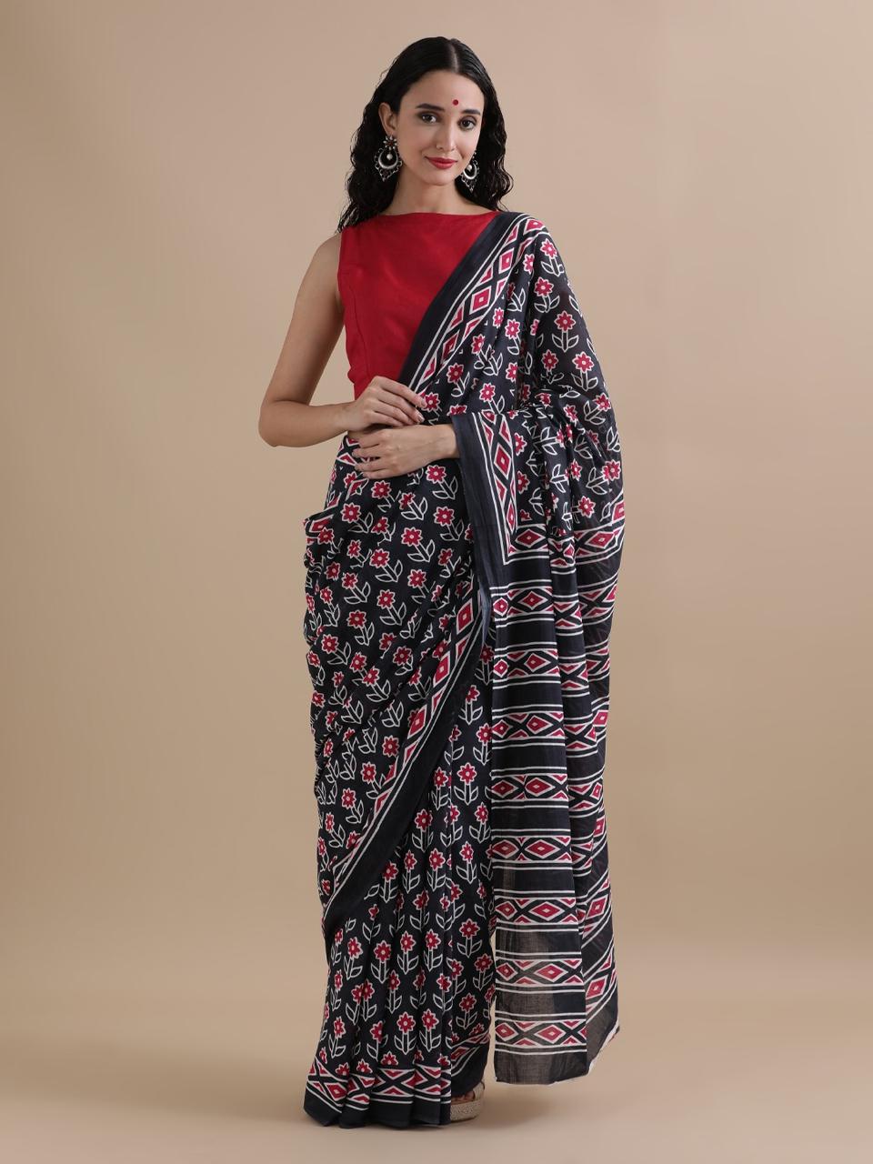 Pure Mulmul Cotton Hand Block Printed Saree With Running Blouse.