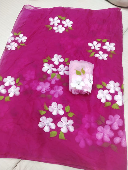 Pure chiffon handbrush printed saree in Pink