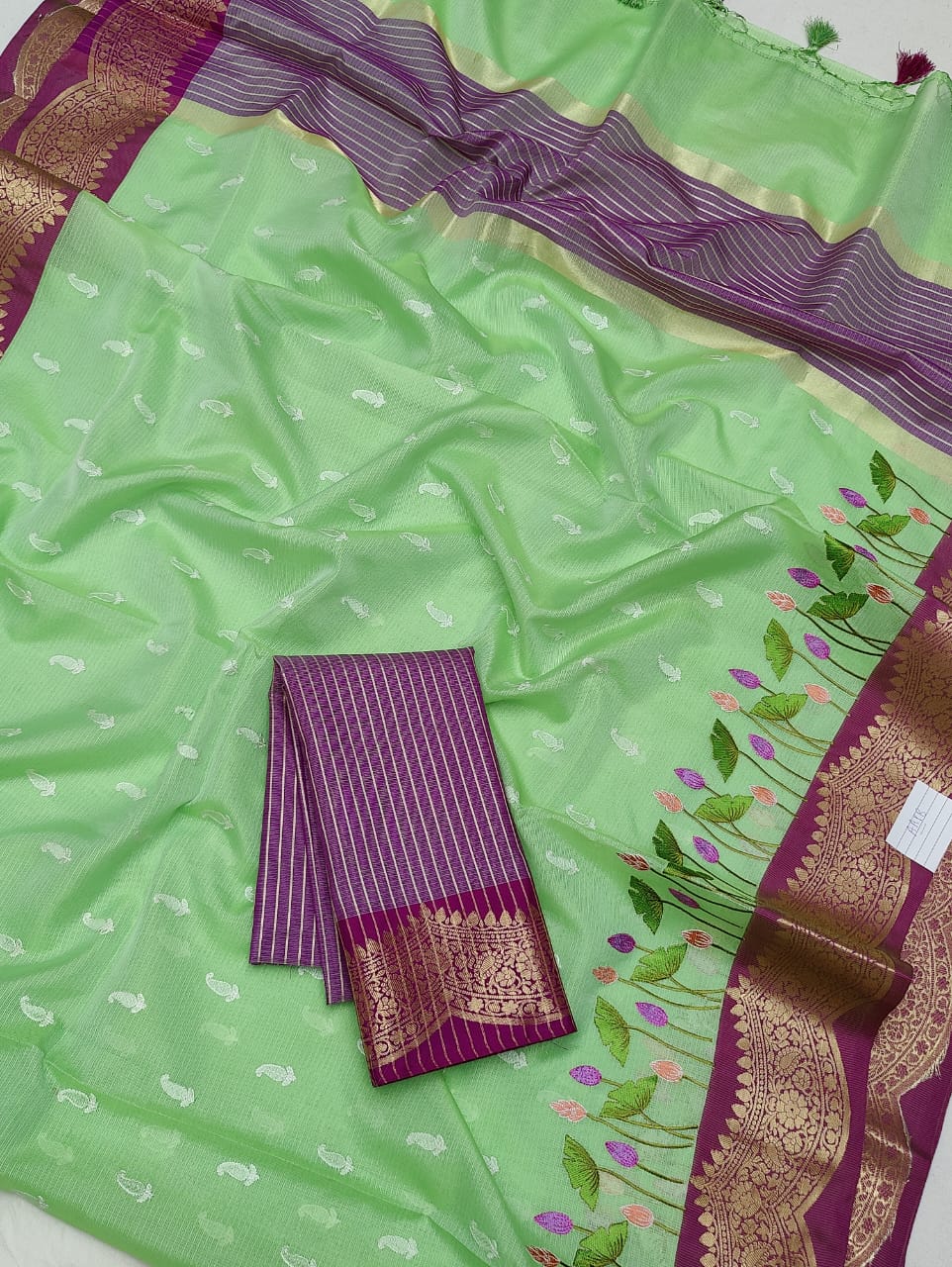 Beautiful Soft Silk Kota Doria Zari & Embroidery  Work Saree