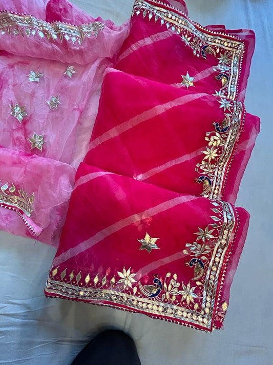 Pure Organza Leheriya Gota Patti Work Saree With Blouse