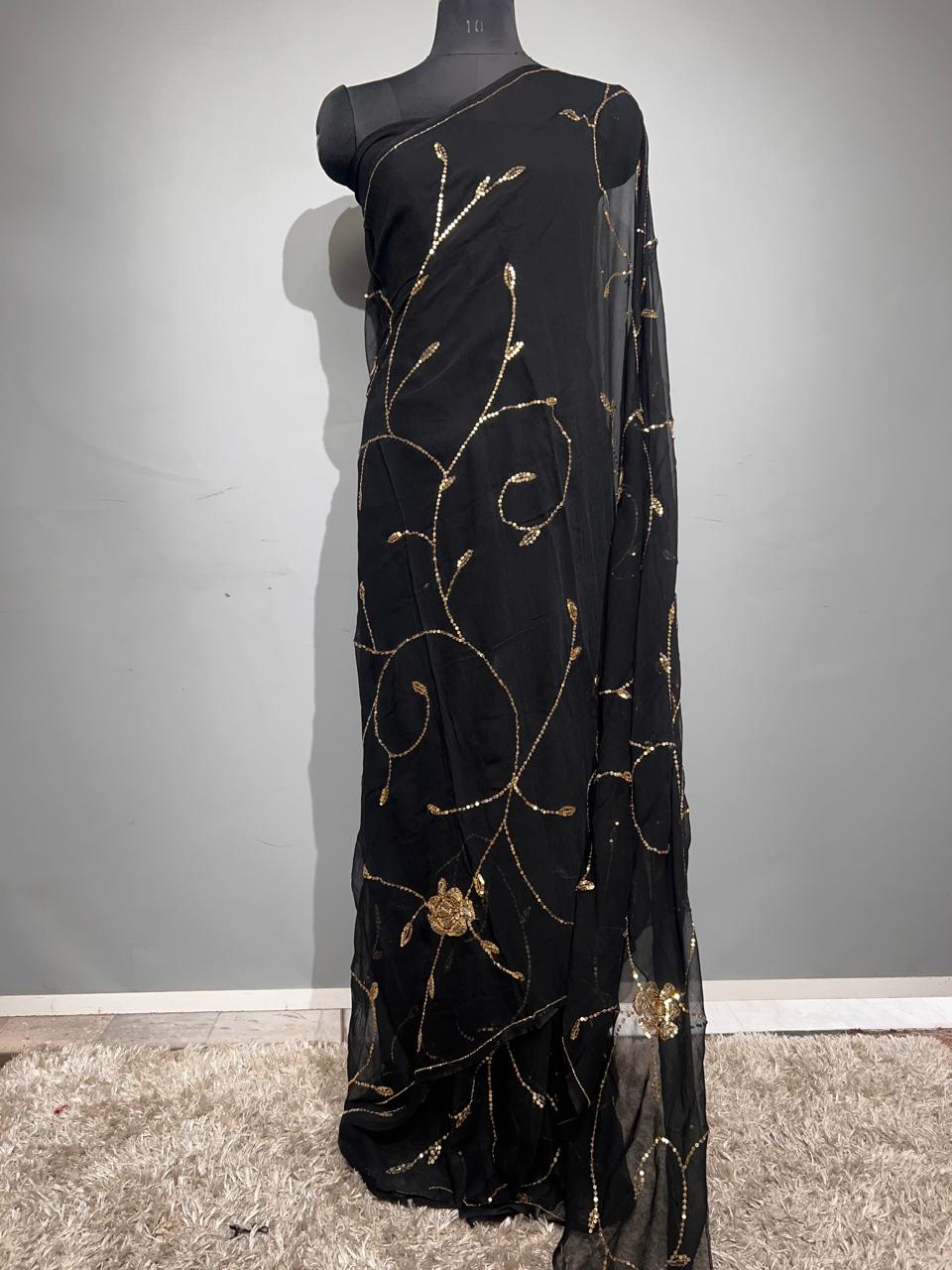 Black Color Pure Diamond Chiffon Beautiful Sequence Work Saree
