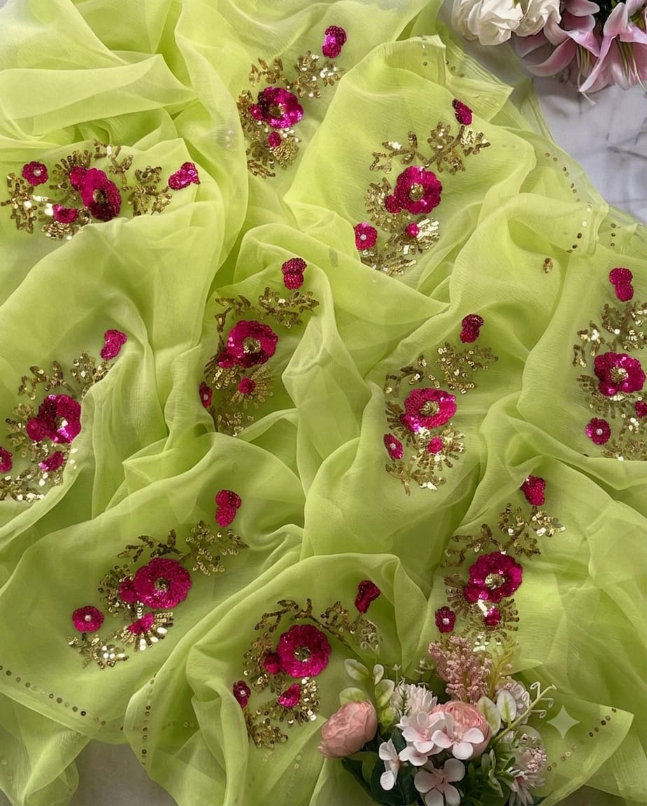 Pure Diamond Chiffon Hand Work Saree.