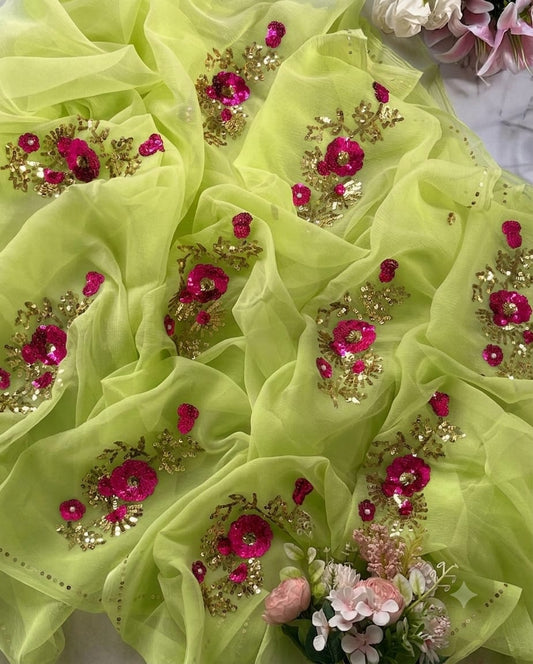 Pure Diamond Chiffon Hand Work Saree.