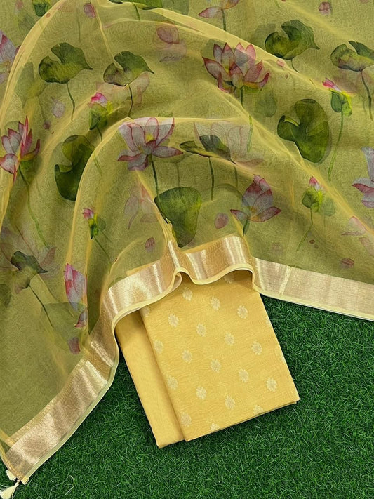 Banarasi Chanderi Zari Buti Work Unstitched Suit with Organza Digital Print Dupatta