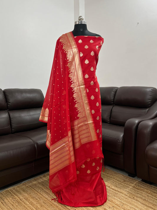 Exclusive Banarasi lorex Booti Unstitched Suits With Ganga Ghat Dupatta