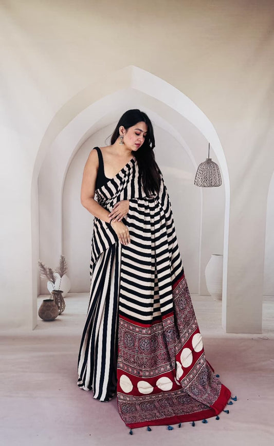 Pure Modal Silk Ajrakh Hand-block Printed Saree.