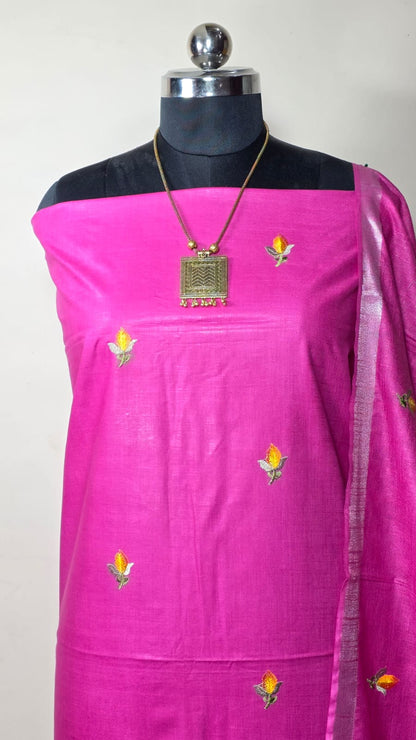 BHAGALPURI COTTON LINEN EMBROIDERY UNSTITCHED SUIT.