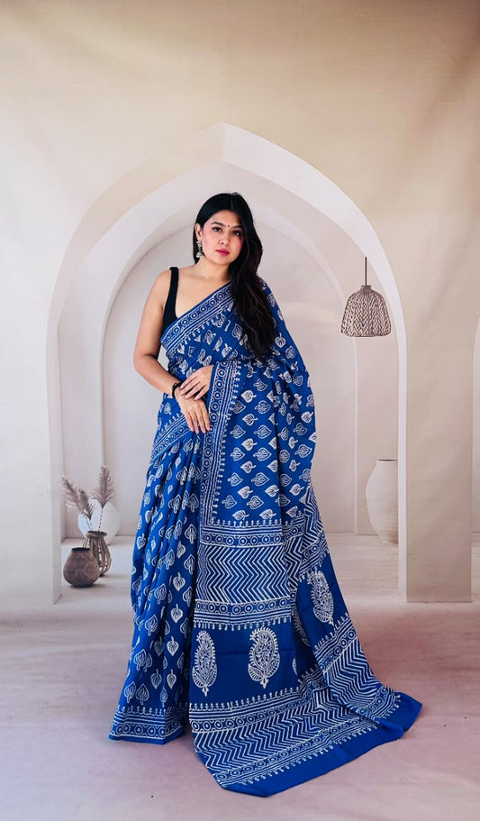 Pure Mulmul Cotton Hand Block Printed Saree With Running Blouse.