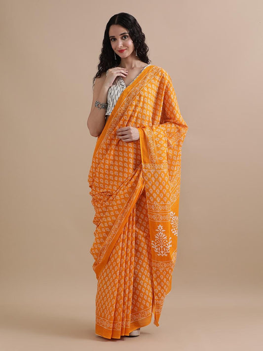 Pure Mulmul Cotton Hand Block Printed Saree With Running Blouse.