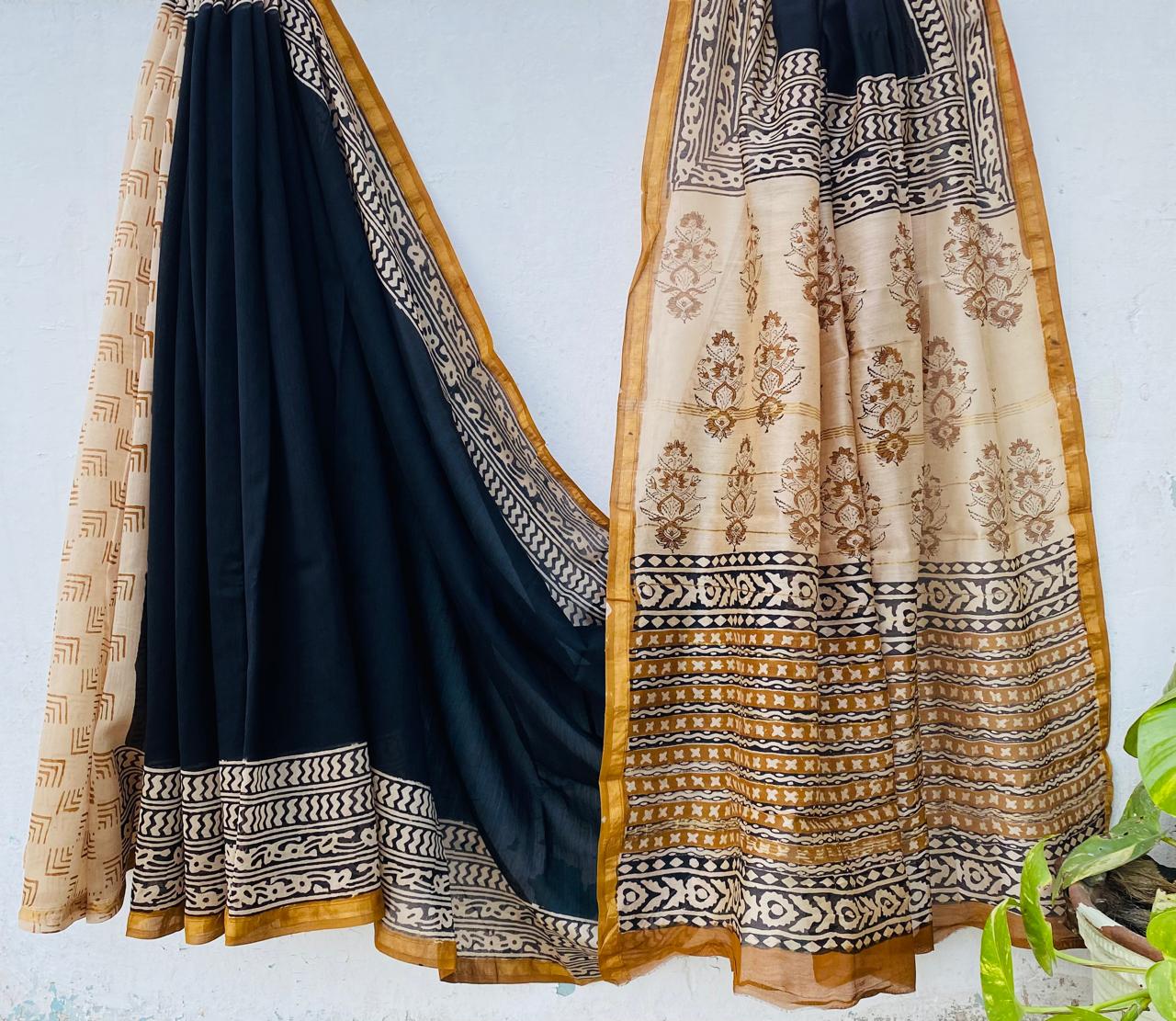 Pure Chanderi Silk Hand-block Printed Saree.