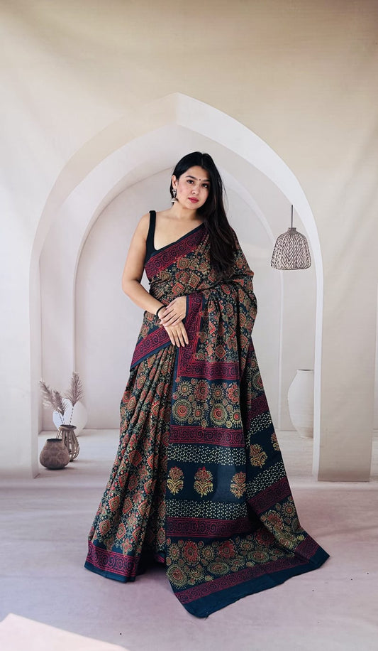 Pure Mulmul Cotton Hand Block Printed Saree With Running Blouse.