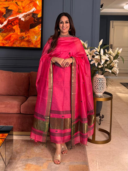 Pure Maheswari Silk Cotton Handwoven Unstitch Suit.