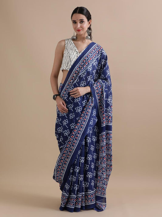 Pure Mulmul Cotton Hand Block Printed Saree With Running Blouse.