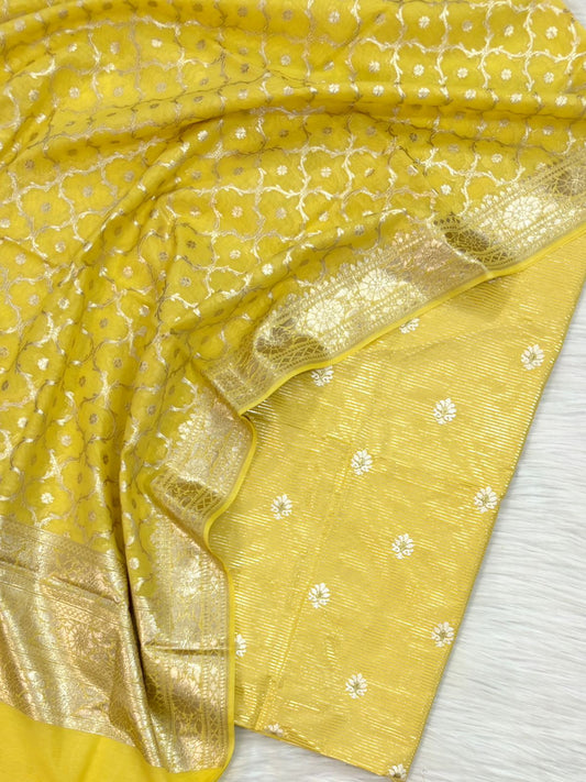 Chanderi Lorex Mini Stripes with Embroidery booti Work Unstitched Suit with Dupatta