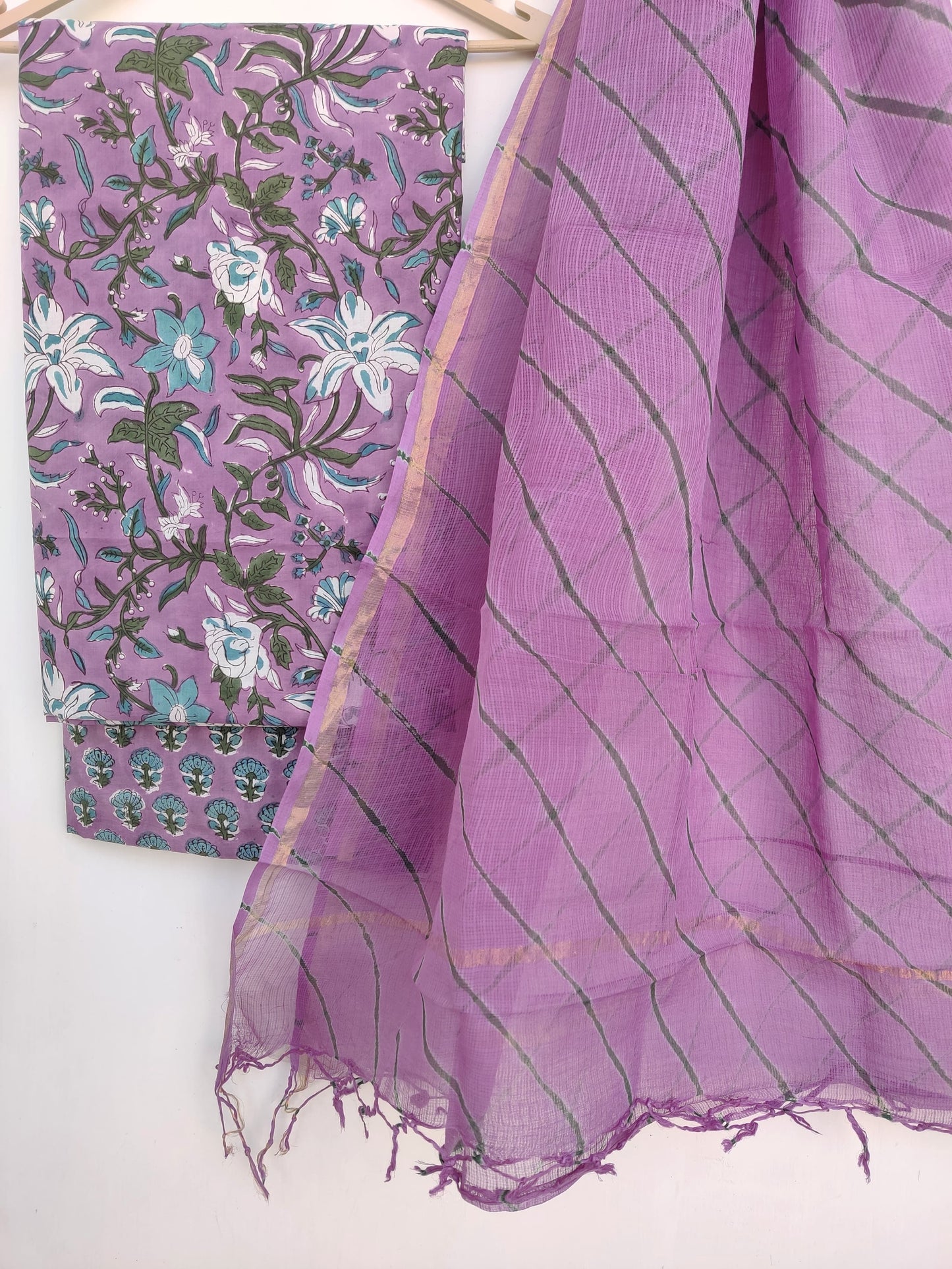 Pure Cotton Hand Block Printed Unstitched Suits with Kota doriya Dupatta.