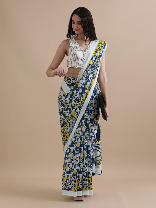 Pure Mulmul Cotton Hand Block Printed Saree With Running Blouse.