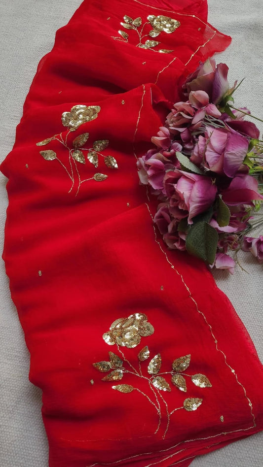 Pure Diamond Chiffon Hand Work Saree.