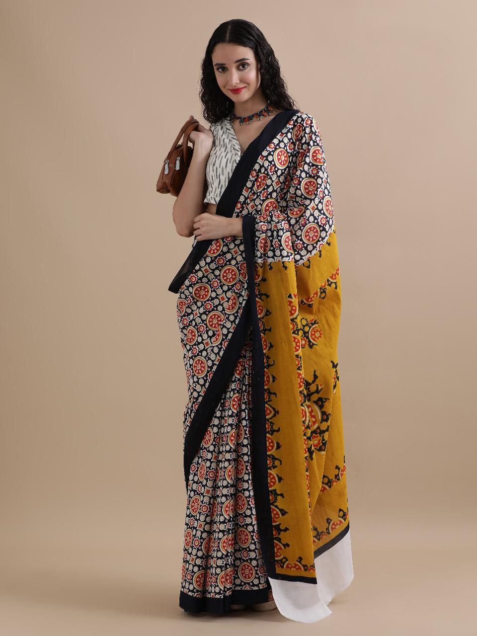 Pure Mulmul Cotton Hand Block Printed Saree With Running Blouse.