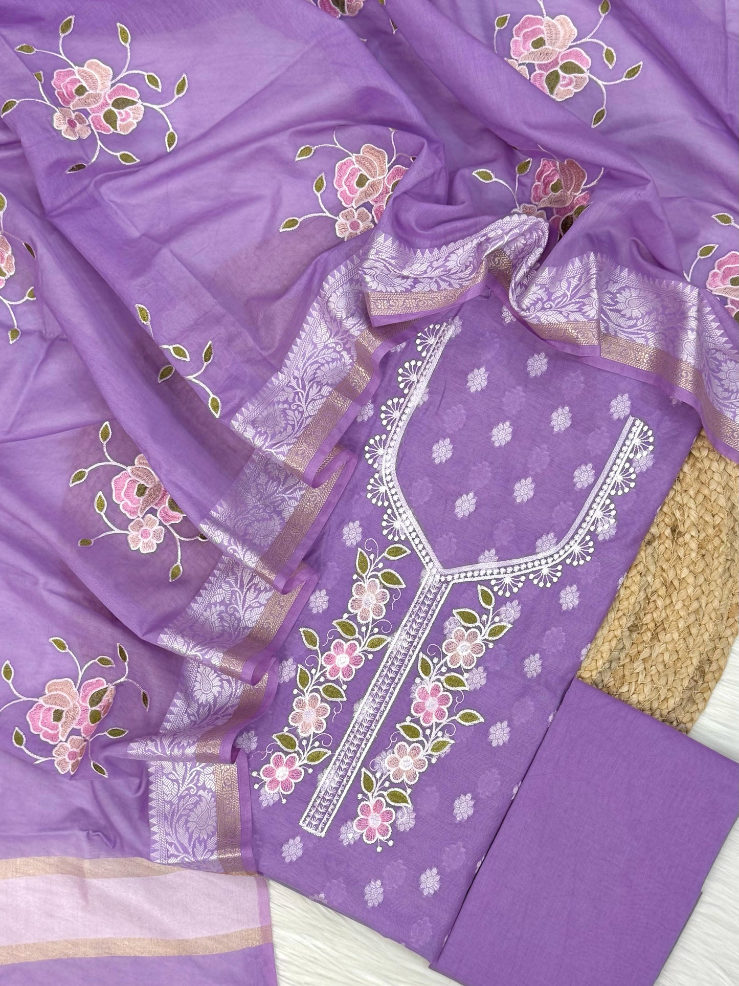 Pure Banarasi Chanderi Embroidery Work Unstitched Suit With Dupatta.