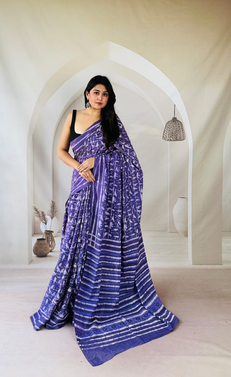 Pure Mulmul Cotton Hand Block Printed Saree With Running Blouse.