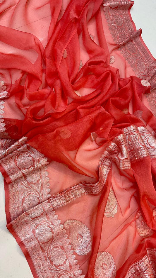 Pure Handloom Khaddi Chiffon Georgette Saree With Silver Zari Weaving Blouse  ( length- 6.3 meter )