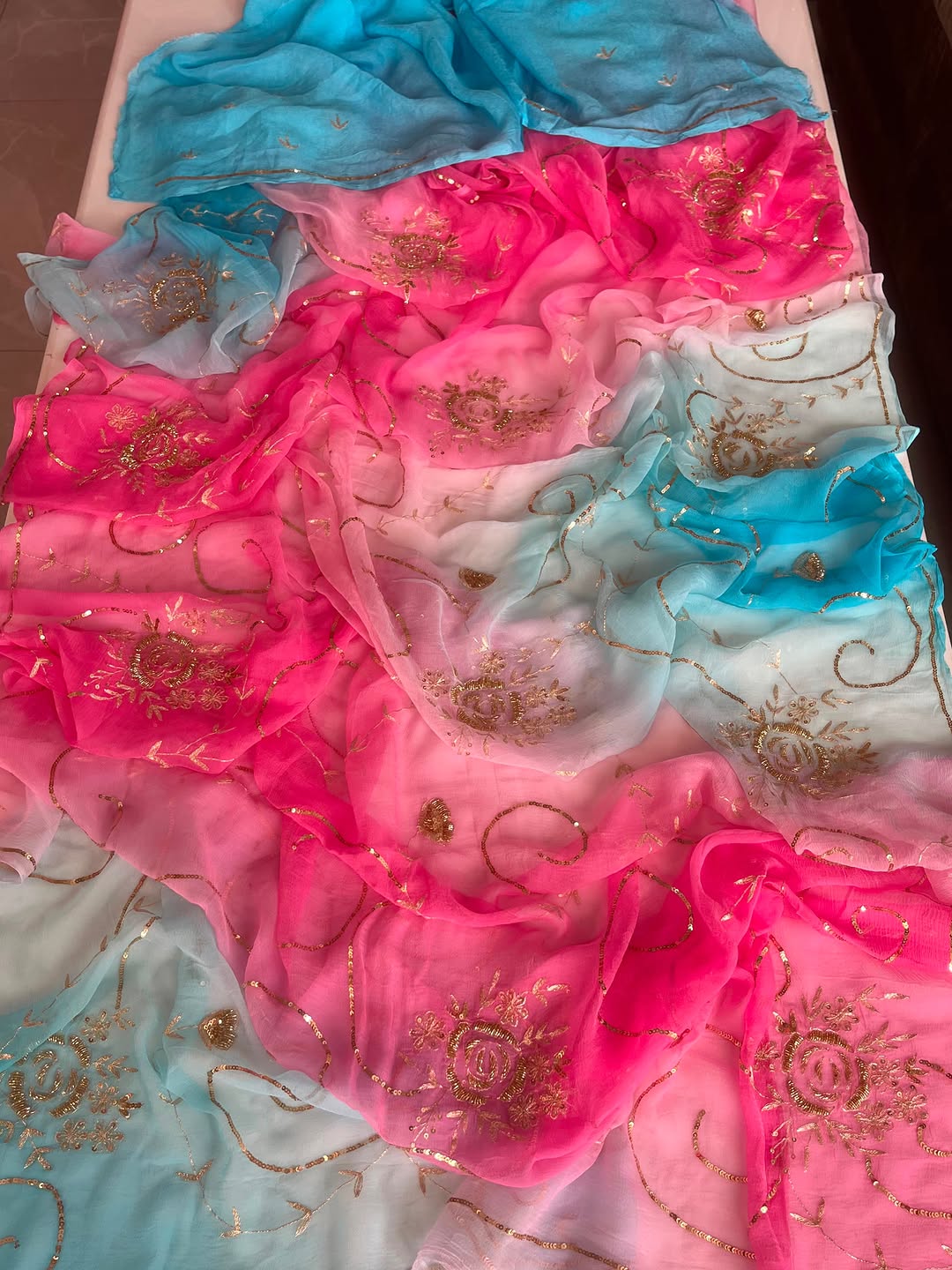 PURE DAIMOND CHIFFON BEAUTIFUL SEQUENCE AND ZARI EMBROIDERY WORK SAREE.