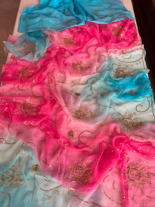 PURE DAIMOND CHIFFON BEAUTIFUL SEQUENCE AND ZARI EMBROIDERY WORK SAREE.