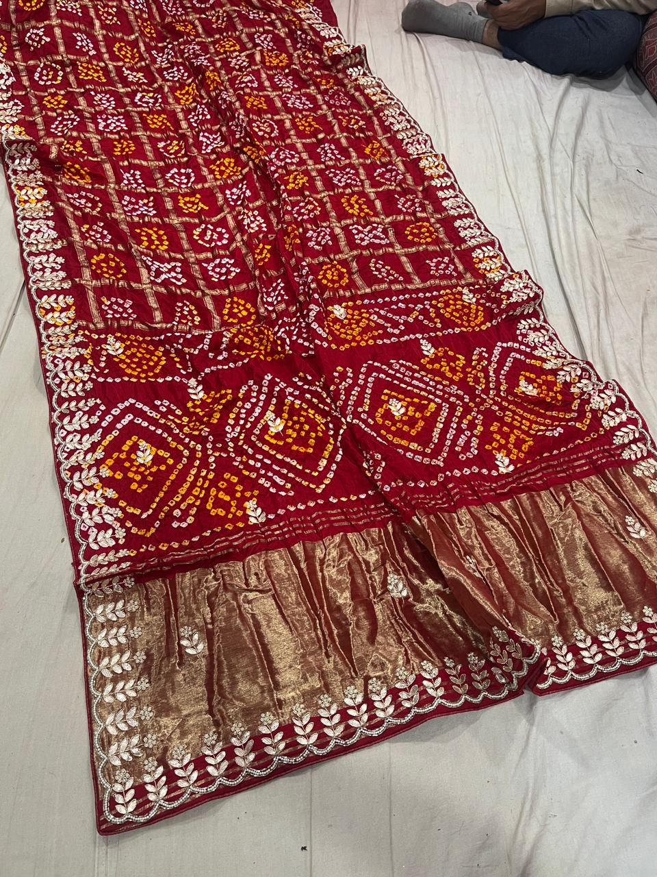 Pure Modal Gajji Silk Bandhej Hand work Gota Patti Work Saree.