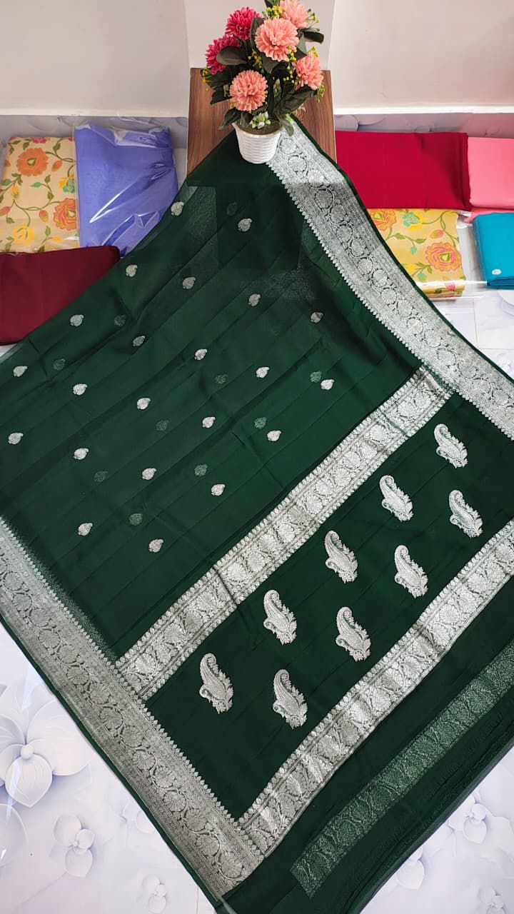 Pure Handloom Khaddi Chiffon Georgette Saree With Silver Zari Weaving Blouse  ( length- 6.3 meter )