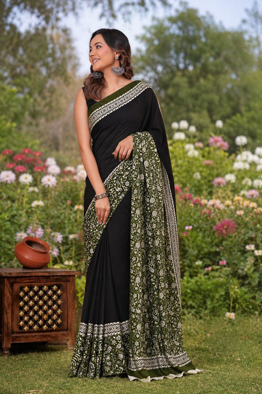 Pure Cotton Hand Block Printed Saree With Blouse.