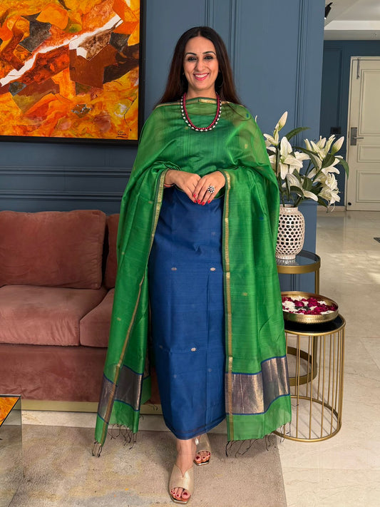 Pure Maheswari Silk Cotton Handwoven Unstitch Suit.