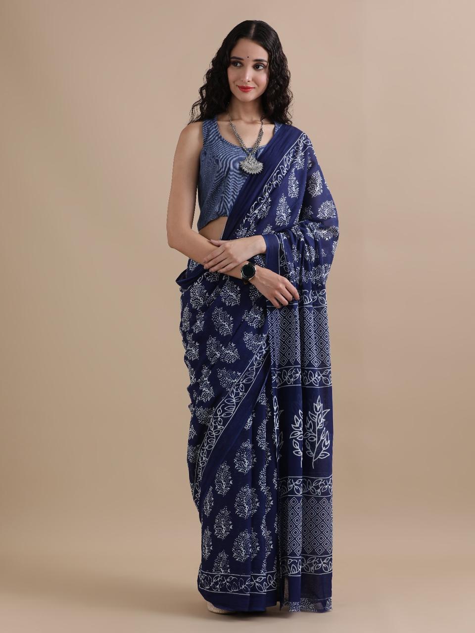 Pure Mulmul Cotton Hand Block Printed Saree With Running Blouse.