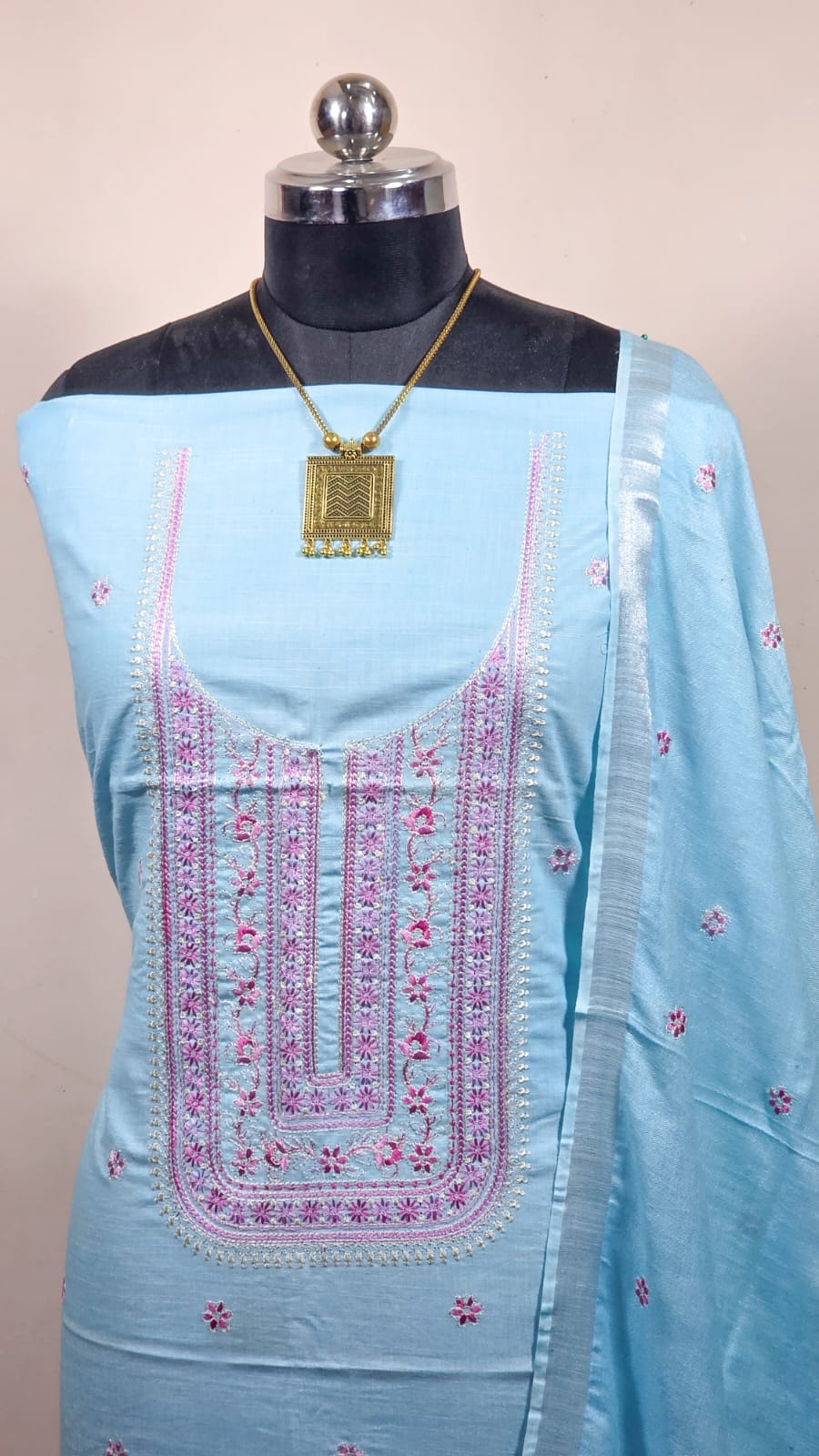 BHAGALPURI COTTON LINEN EMBROIDERY UNSTITCHED SUIT.