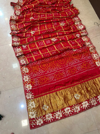 Pure Modal Gajji Silk Bandhej Hand work Gota Patti Work Saree.