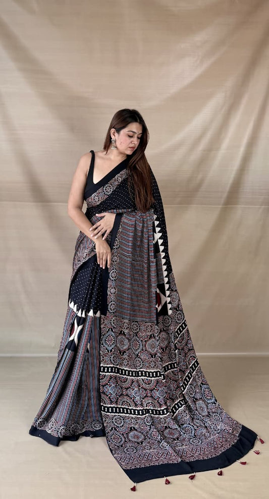 Pure Modal Silk Ajrakh Hand-block Printed Saree.