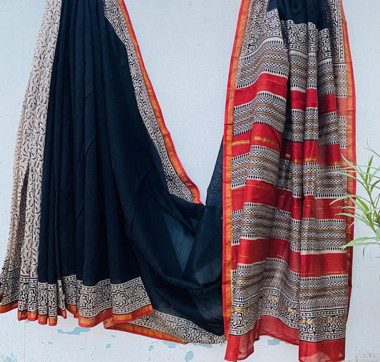 Pure Hand-block Chanderi Silk Saree