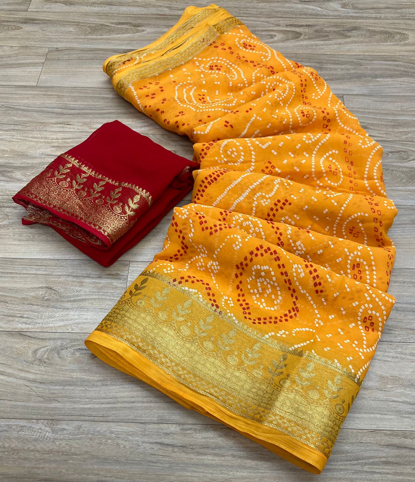 Pure Georgette Bandhej Print With Beautiful Zari Border Saree