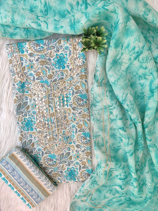 Pure Cotton Gota Patti Work Unstitched Suit With Kota Doria Dupatta