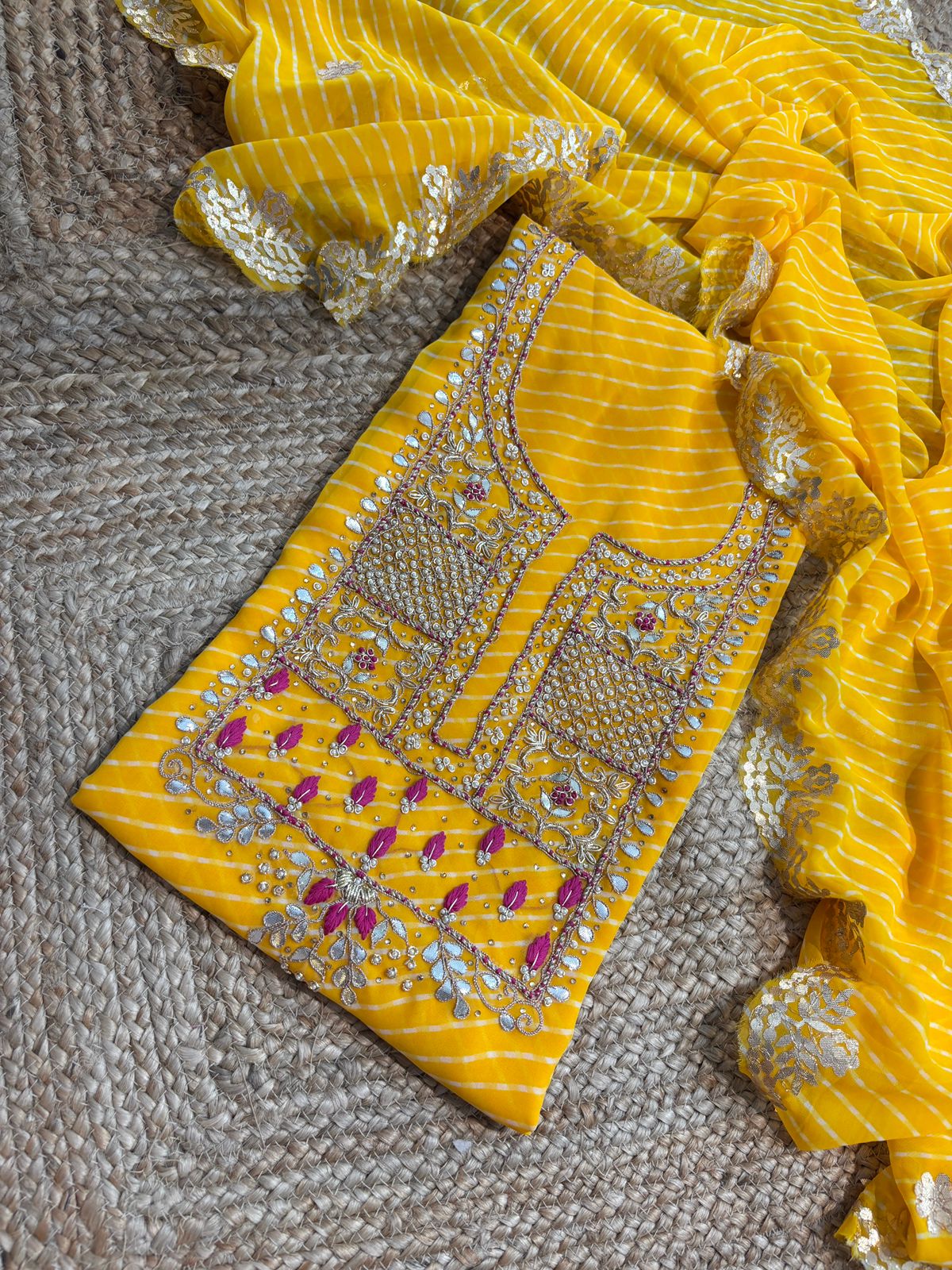 Georgette Gota pati Hand Work Unstitched Suit With Dupata.