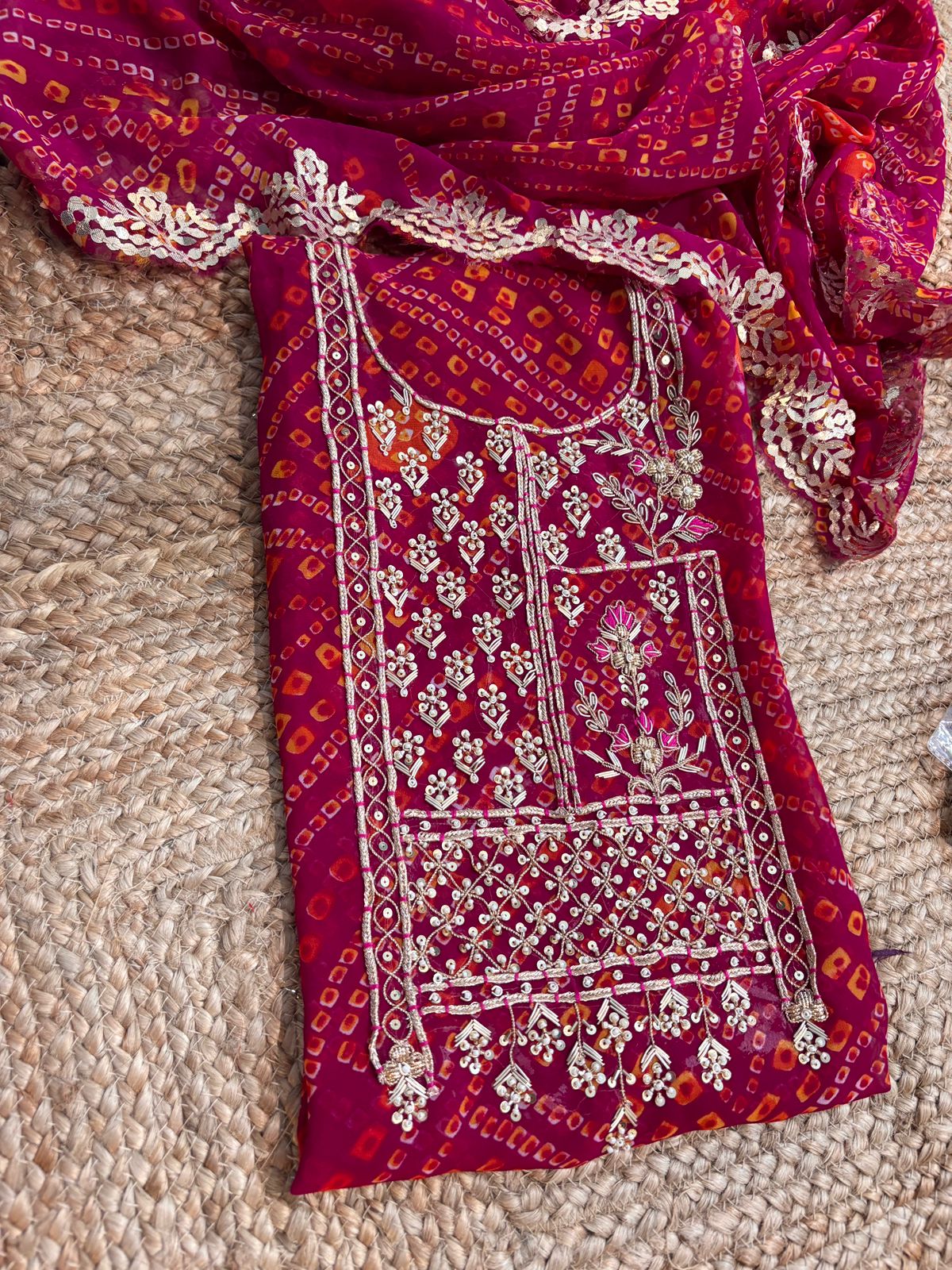 Georgette Gota pati Hand Work Unstitched Suit With Dupata.