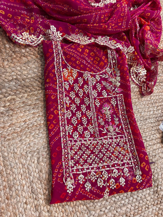 Georgette Gota pati Hand Work Unstitched Suit With Dupata.