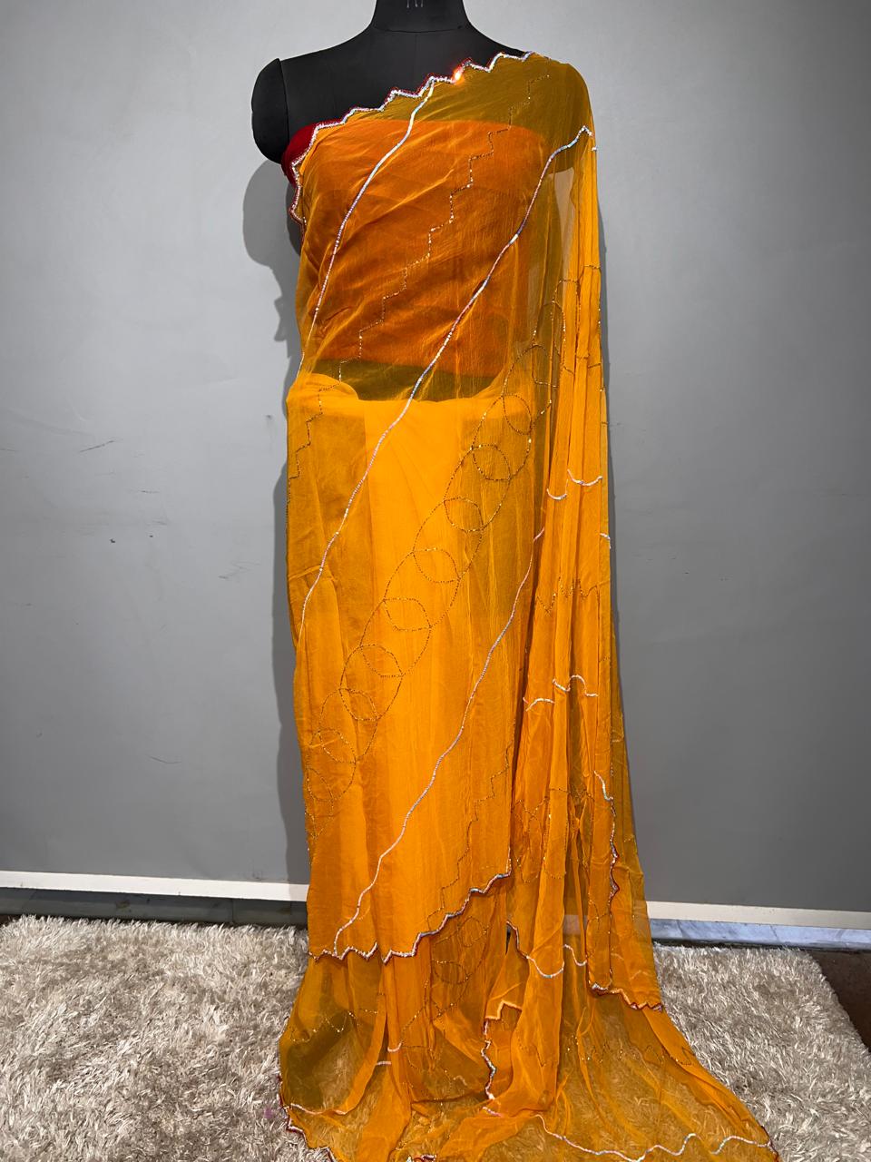 Beautiful Pure Diamond chiffon Hand Sikvans & kardana Work Full jaal Saree