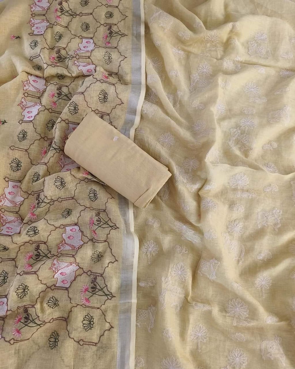 BHAGALPURI COTTON LINEN EMBROIDERY UNSTITCHED SUIT.
