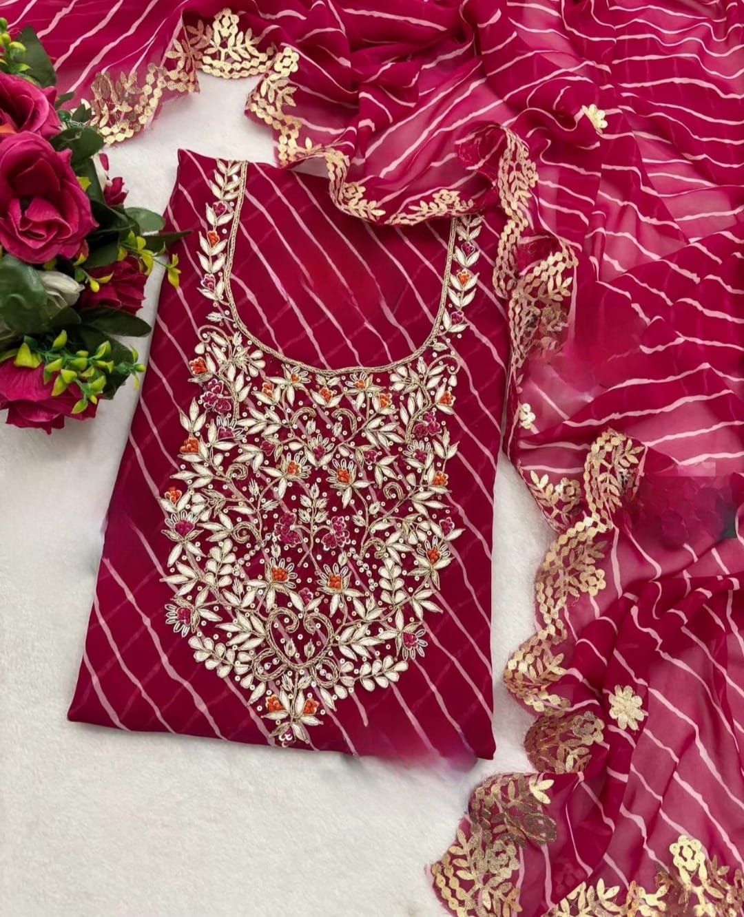 Georgette Gota pati Hand Work Unstitched Suit With Dupata.